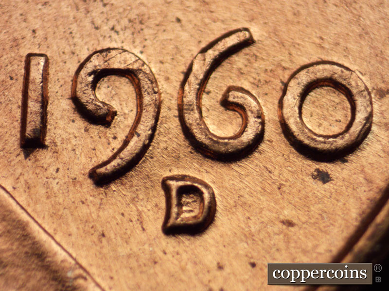 1960 Lincoln cent obverse, CopperCoins die 1960D•1MM•065 — Closeup of repunched mint mark.