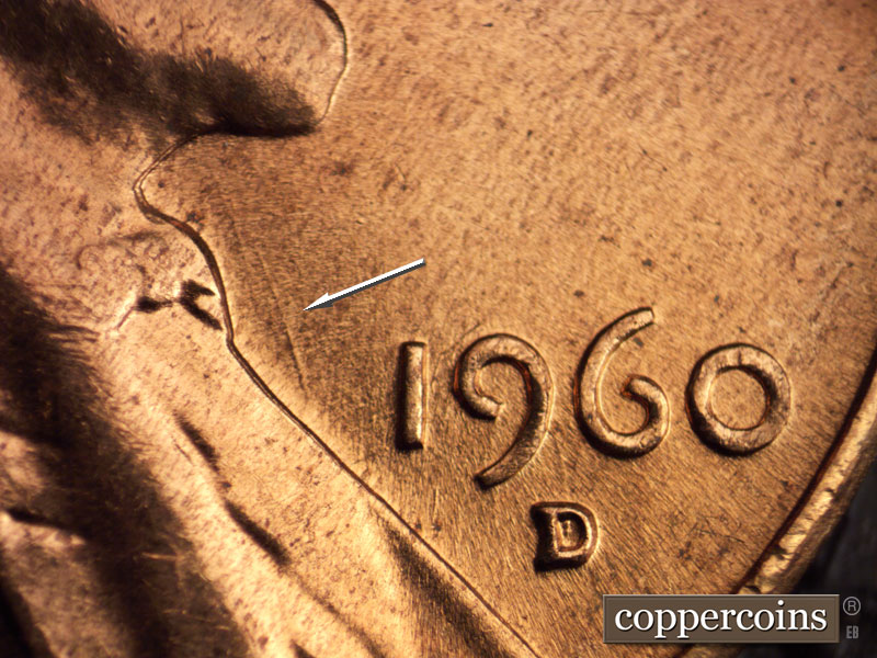 Die-stage B marker on 1960D•1MM•070 (1960 Repunched Mint Mark).