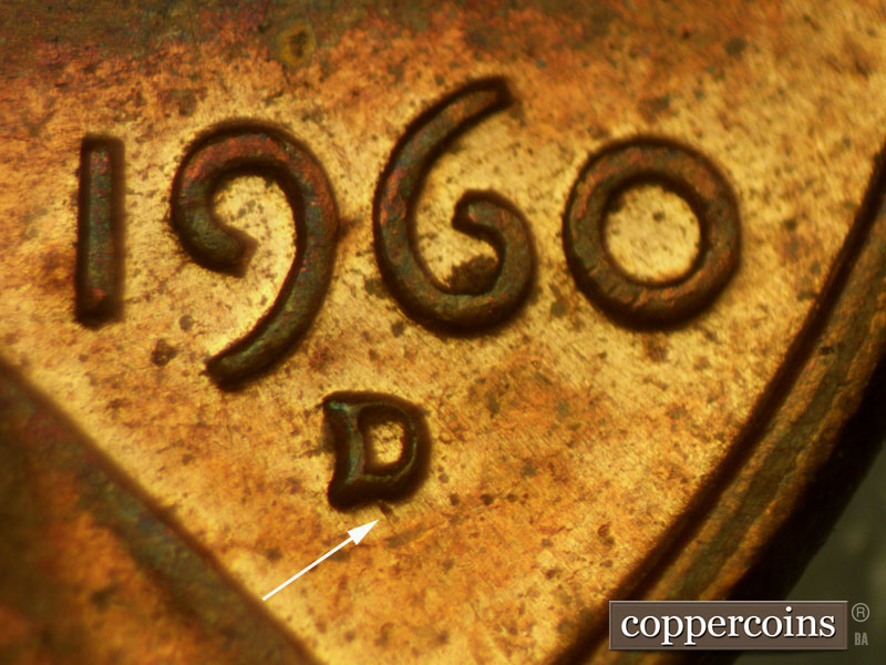 Die-stage B marker on 1960D•1MM•071 (1960 Repunched Mint Mark).