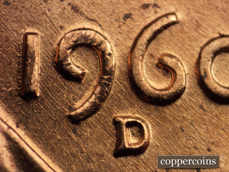 Die-stage A marker on 1960D•1MM•073 showing Closeup of repunched mint mark.