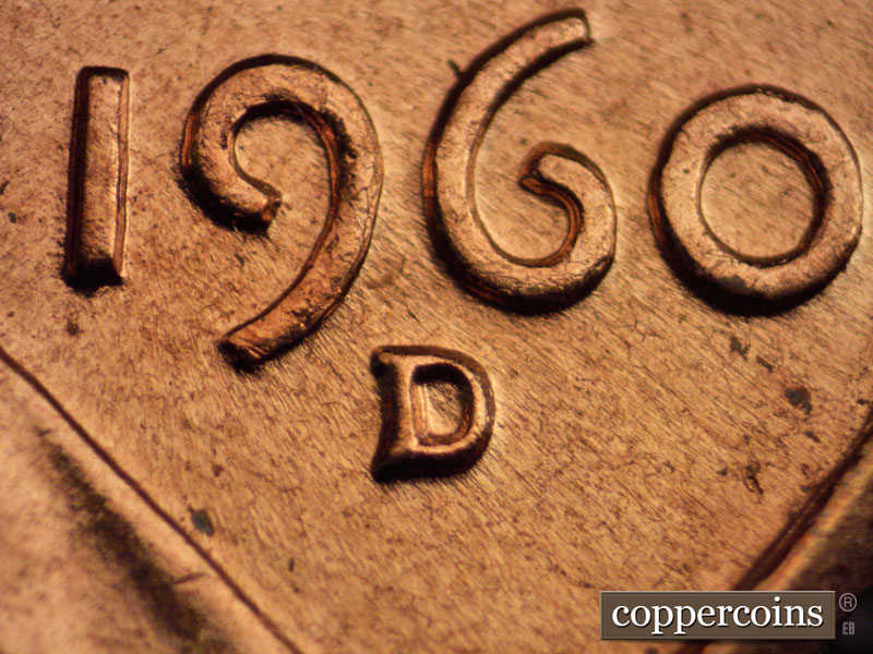 1960 Lincoln cent obverse, CopperCoins die 1960D•1MM•073 — Closeup of repunched mint mark.