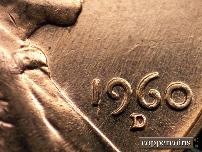 Die-stage B marker on 1960D•1MM•074 (1960 Repunched Mint Mark).