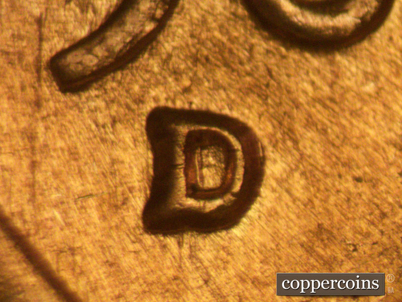 1960 Lincoln cent obverse, CopperCoins die 1960D•1MM•077 — Closeup of repunched mint mark.