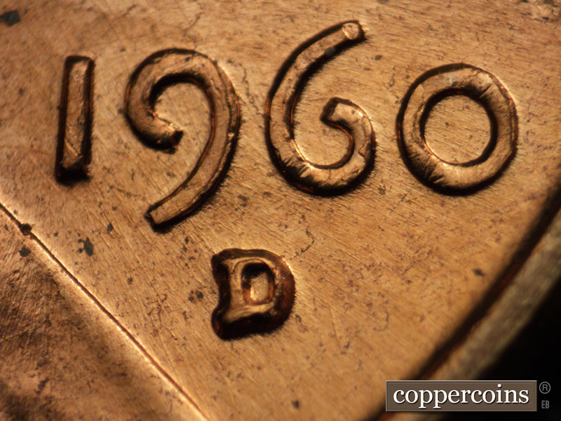 1960 Lincoln cent obverse, CopperCoins die 1960D•1MM•080.