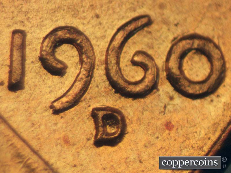 Die-stage B marker on 1960D•1MM•095 (1960 Repunched Mint Mark).