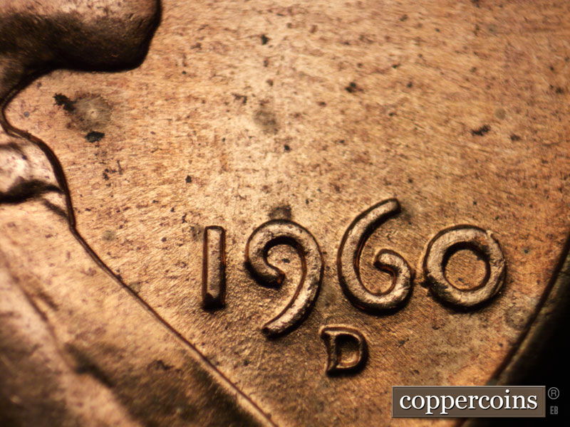 Die-stage A marker on 1960D•1MM•096 (1960 Repunched Mint Mark).