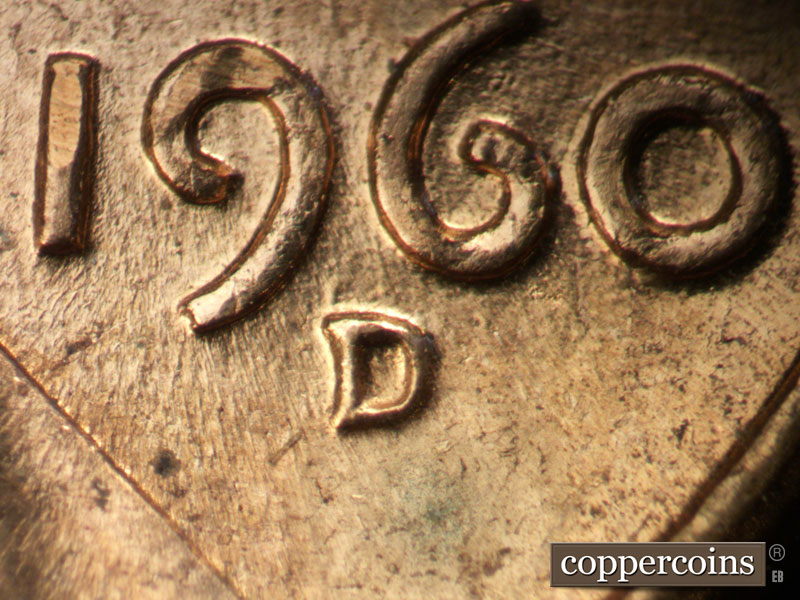 1960 Lincoln cent obverse, CopperCoins die 1960D•1MM•096.