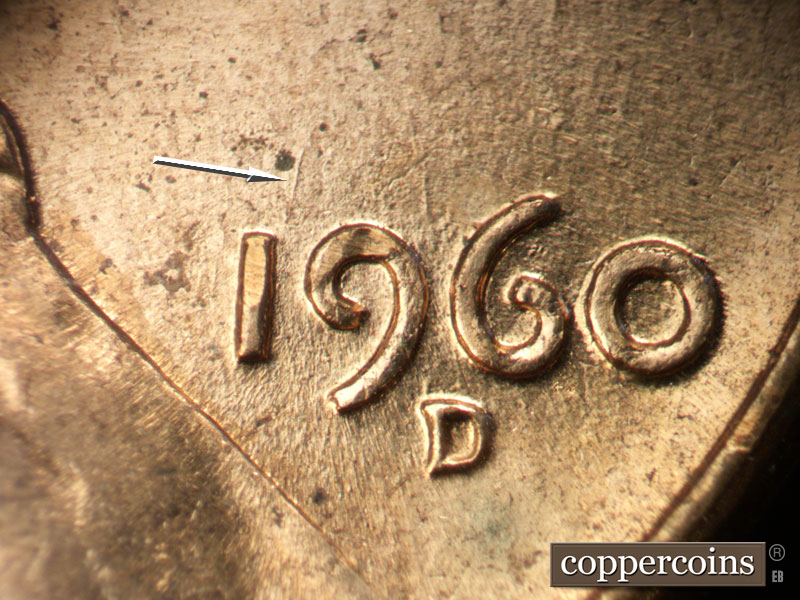Die-stage B marker on 1960D•1MM•096 (1960 Repunched Mint Mark).