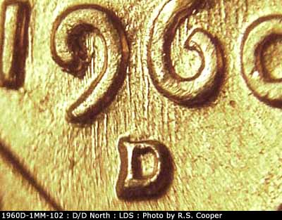 Die-stage C marker on 1960D•1MM•102 (1960 Repunched Mint Mark).