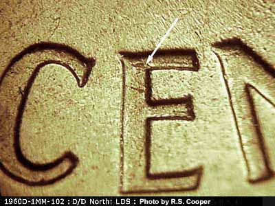 Die-stage C marker on 1960D•1MM•102 (1960 Repunched Mint Mark).