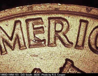Die-stage B marker on 1960D•1MM•103 (1960 Repunched Mint Mark).