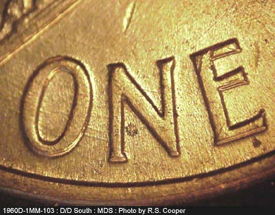 Die-stage B marker on 1960D•1MM•103 (1960 Repunched Mint Mark).