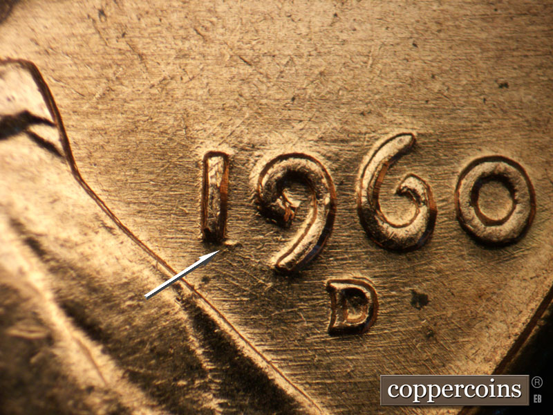 Die-stage B marker on 1960D•1MM•105 (1960 Repunched Mint Mark).