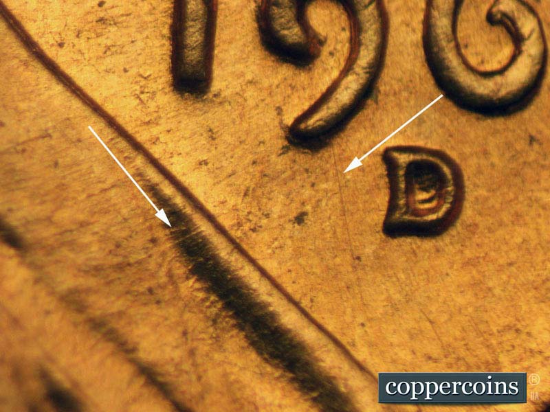 Die-stage A marker on 1960D•1MM•106 (1960 Repunched Mint Mark).