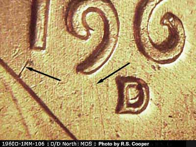 Die-stage B marker on 1960D•1MM•106 (1960 Repunched Mint Mark).