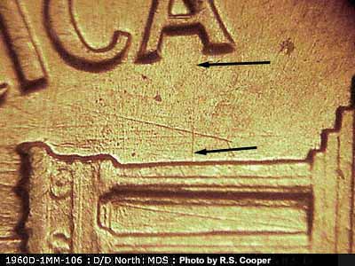 Die-stage B marker on 1960D•1MM•106 (1960 Repunched Mint Mark).