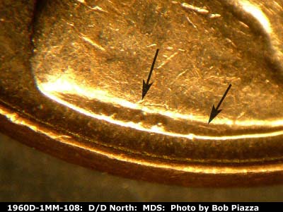 Die-stage B marker on 1960D•1MM•108 (1960 Repunched Mint Mark).