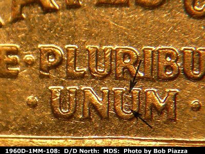 Die-stage B marker on 1960D•1MM•108 (1960 Repunched Mint Mark).