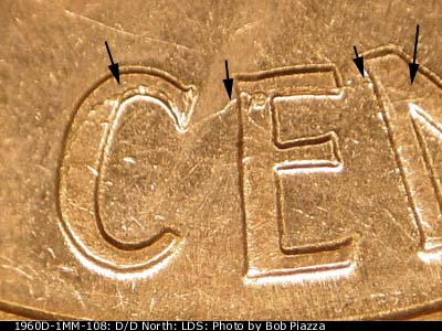 Die-stage C marker on 1960D•1MM•108 (1960 Repunched Mint Mark).