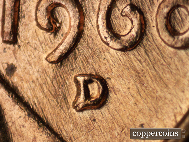 Die-stage A marker on 1960D•1MM•109 (1960 Repunched Mint Mark).