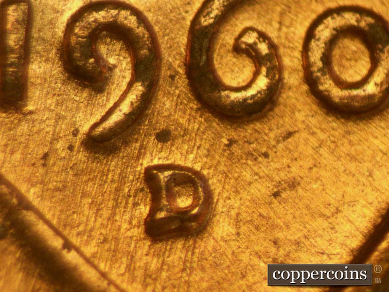 Die-stage B marker on 1960D•1MM•109 (1960 Repunched Mint Mark).
