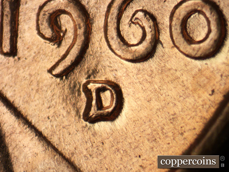 Die-stage A marker on 1960D•1MM•117 (1960 Repunched Mint Mark).
