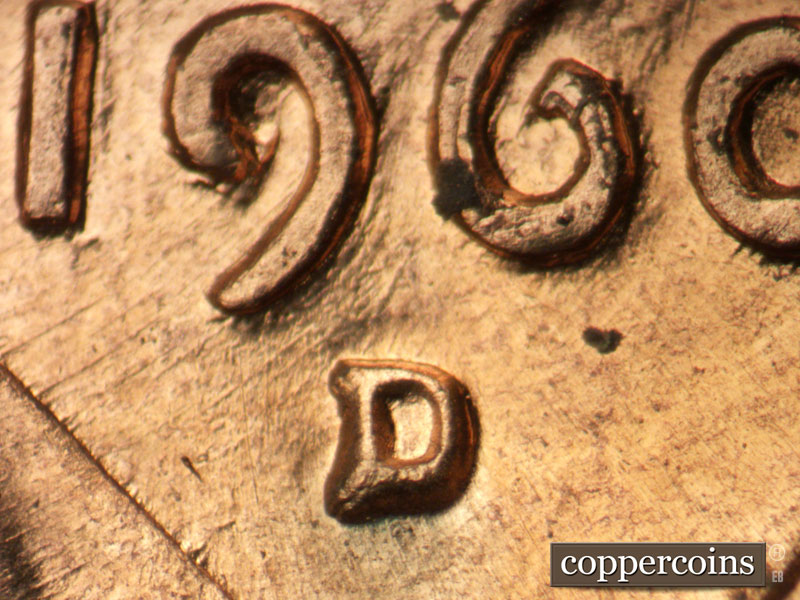 Die-stage A marker on 1960D•1MM•122 (1960 Repunched Mint Mark).