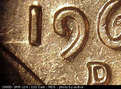 Die-stage B marker on 1960D•1MM•124 (1960 Repunched Mint Mark).