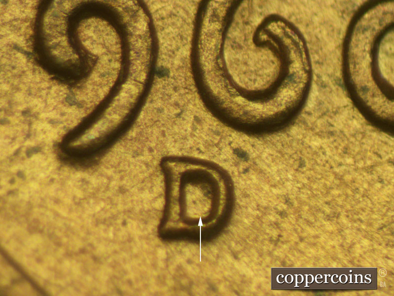 Die-stage A marker on 1960D•1MM•135 (1960 Repunched Mint Mark).