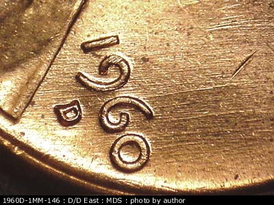 Die-stage B marker on 1960D•1MM•146 (1960 Repunched Mint Mark).
