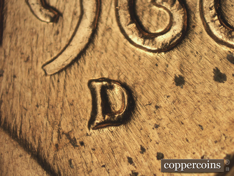 1960 Lincoln cent obverse, CopperCoins die 1960D•1MM•158 — Closeup of repunched mint mark.