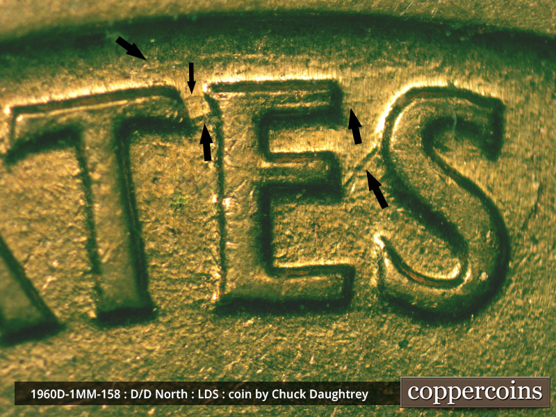 Die-stage D marker on 1960D•1MM•158 showing NE die gouge connects ES of STATES.
