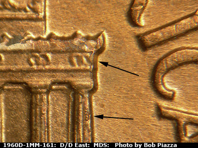 Die-stage B marker on 1960D•1MM•161 (1960 Repunched Mint Mark).