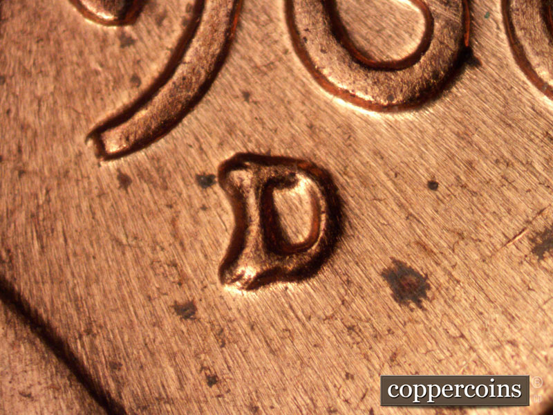 1960 Lincoln cent obverse, CopperCoins die 1960D•1MM•163 — Closeup of repunched mint mark.