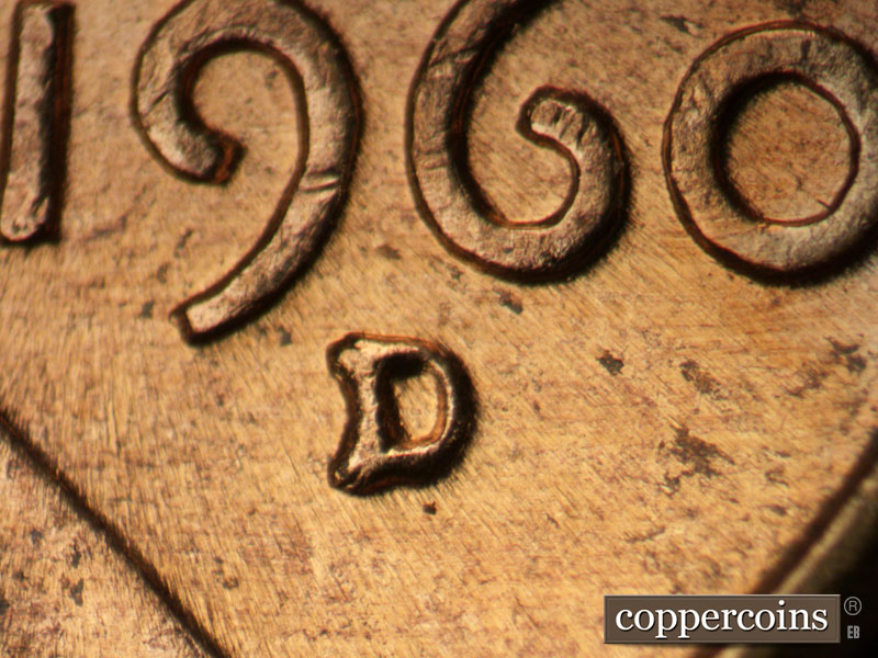 Die-stage B marker on 1960D•1MM•163 (1960 Repunched Mint Mark).