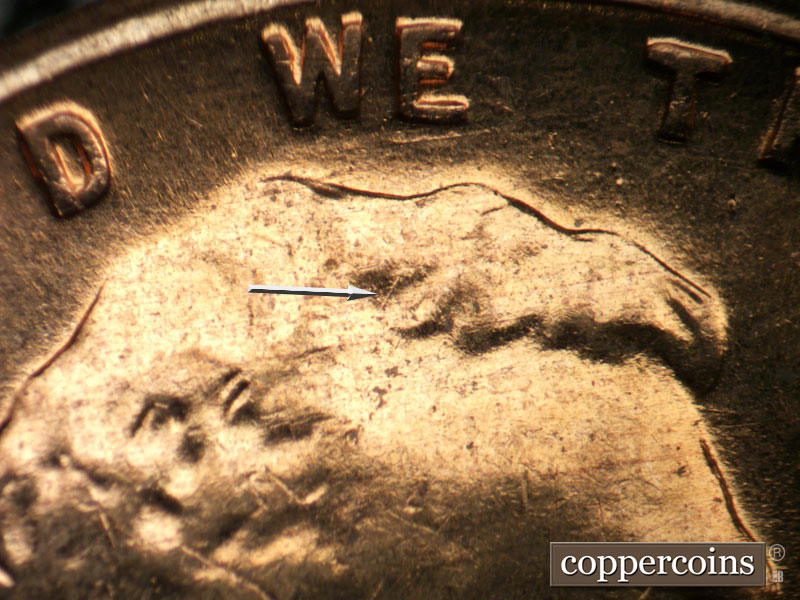 Die-stage B marker on 1960D•1MM•163 (1960 Repunched Mint Mark).