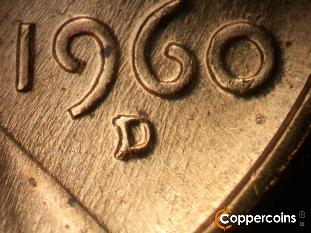 Die-stage A marker on 1960D•1MM•163 showing Closeup of repunched mint mark.