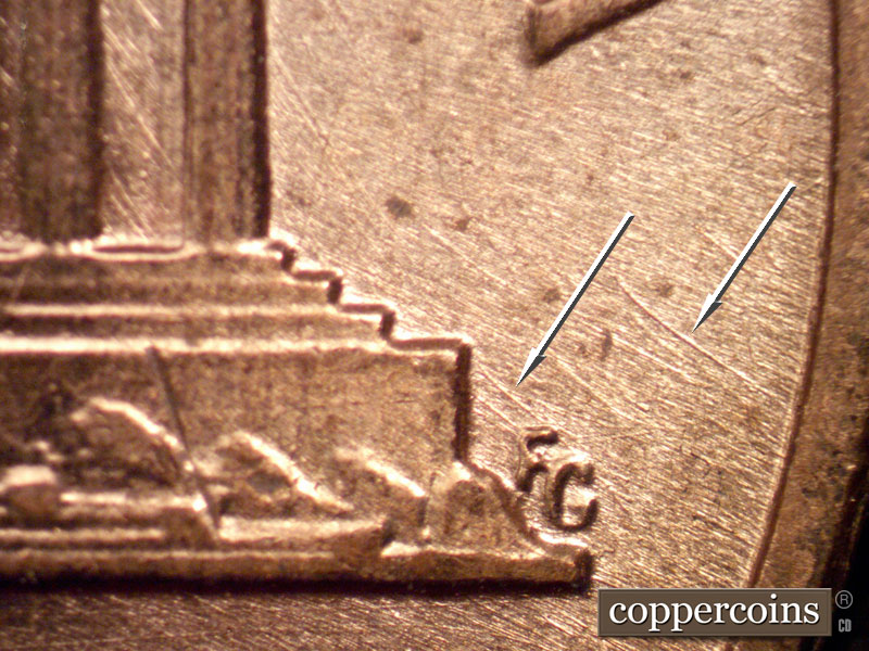 Die-stage B marker on 1960D•1MM•165 (1960 Repunched Mint Mark).