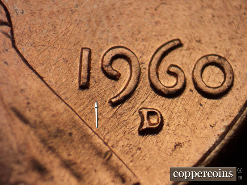 Die-stage B marker on 1960D•1MM•166 (1960 Repunched Mint Mark).