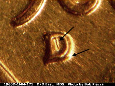 Die-stage B marker on 1960D•1MM•171 (1960 Repunched Mint Mark).
