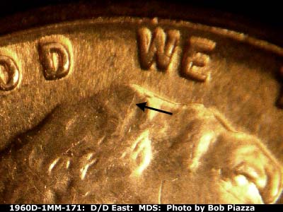Die-stage B marker on 1960D•1MM•171 (1960 Repunched Mint Mark).