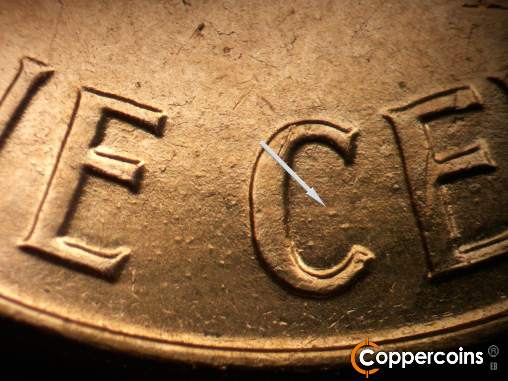 Die-stage B marker on 1960D•1MM•173 showing Die dots in C of CENT.