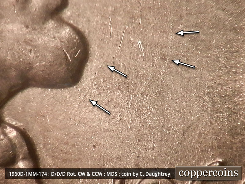 Die-stage B marker on 1960D•1MM•174 (1960 Repunched Mint Mark).