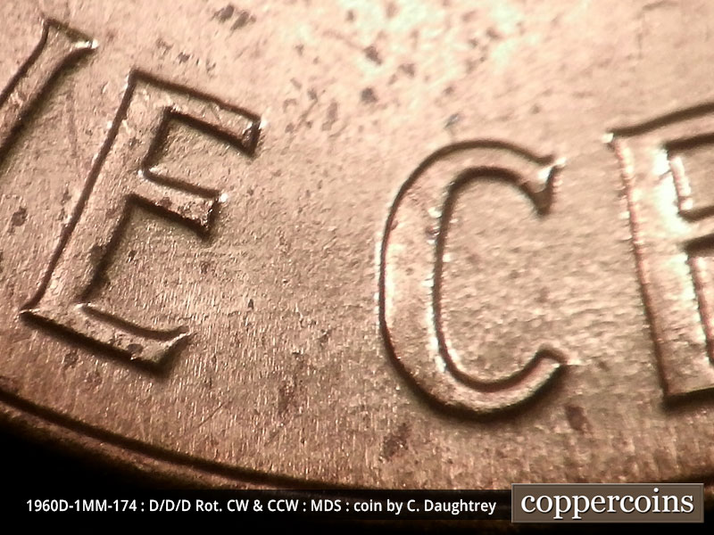 Die-stage B marker on 1960D•1MM•174 (1960 Repunched Mint Mark).