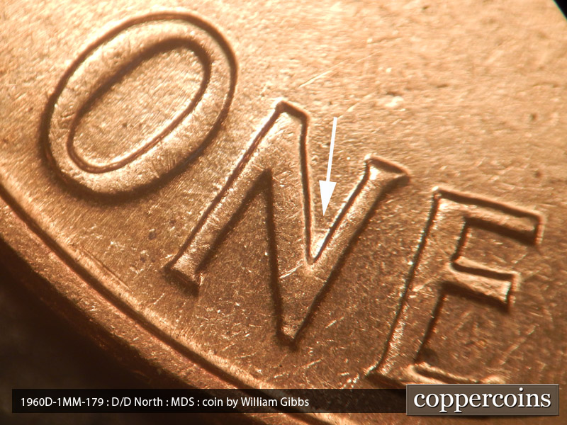 Die-stage B marker on 1960D•1MM•179 (1960 Repunched Mint Mark).