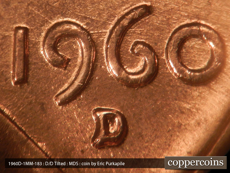 1960 Lincoln cent obverse, CopperCoins die 1960D•1MM•183 — Closeup of repunched mint mark. Die scratch connects 96 in date.