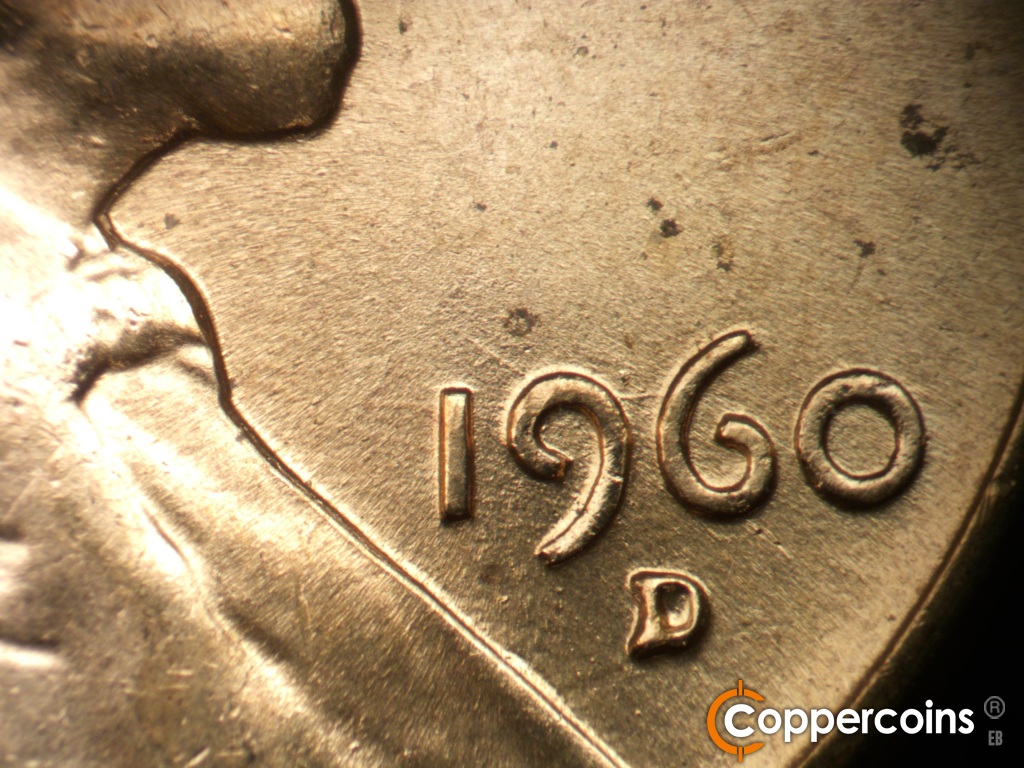 Die-stage C marker on 1960D•1MM•183 showing E/W die scratch connects 96 in date. Other die scratches have started to wear away.