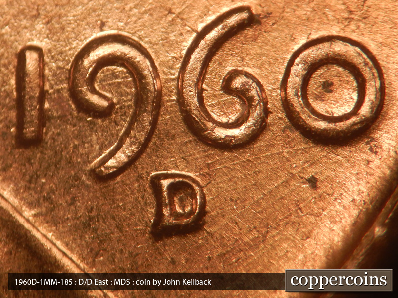 Die-stage B marker on 1960D•1MM•185 (1960 Repunched Mint Mark).