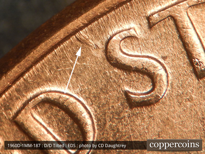 Die-stage A marker on 1960D•1MM•187 (1960 Repunched Mint Mark).