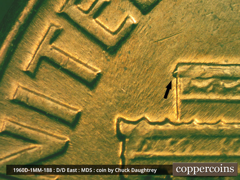 Die-stage B marker on 1960D•1MM•188 (1960 Repunched Mint Mark).